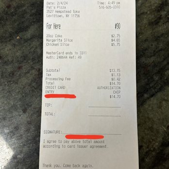 Pat's Pizzeria & Restaurant - Receipt - Pizza Near Me - Levittown, New York
