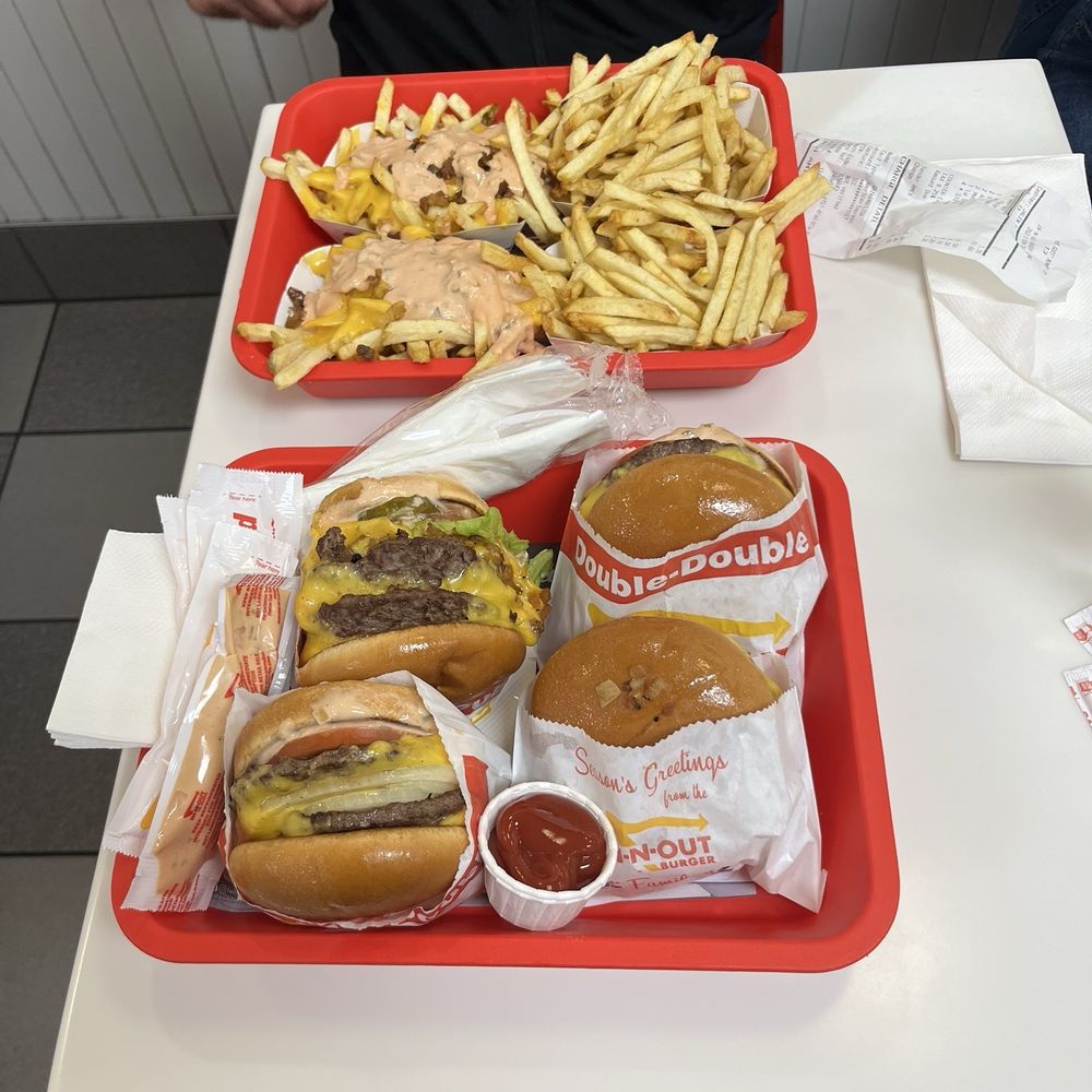 In-N-Out Burger - 4x4, 2 double doubles, 1 regular cheeseburger, 2 orders of animal style fries, and 2 regular fries - Burgers Near Me - Irving, Texas In-N-Out Burger - 4x4, 2 double doubles, 1 regular cheeseburger, 2 orders of animal style fries, and 2 regular fries - Burgers Near Me - Irving, Texas