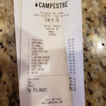 Campestre - Receipt for family of 8 (2 kids, 6 adults) - Mexican Near Me - Princeton, West Virginia Campestre - Receipt for family of 8 (2 kids, 6 adults) - Mexican Near Me - Princeton, West Virginia