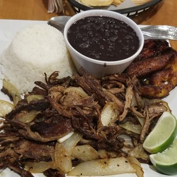 The Black Beans Cafe - Vaca fritta (fried shredded beef) with rice, black beans, and sweet plantains - Latin American Near Me - Hollywood, Florida