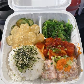 Nuc Poke - Honey Wasabi Salmon, Volcano Tuna, Furikake Rice, crispy chips, seasoned cucumbers, and Seaweed Salad - Poke Near Me - Los Angeles, California