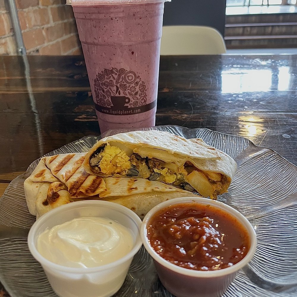 Breakfast Burrito and a purple rain smoothie