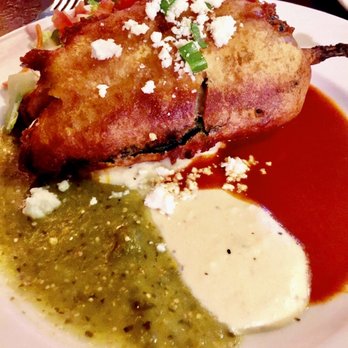 El Charro Cafe - Stuffed Poblano and Carnitas Relleno Bandera Style in the colors of the Mexican flag. - Tacos Near Me - Tucson, Arizona