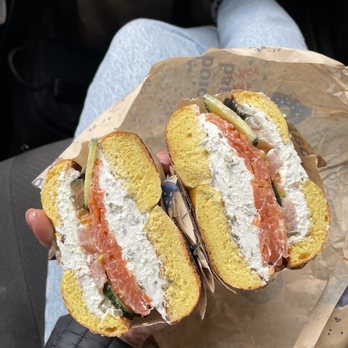 Boichik Bagels - Eggything bagel with vegan chive scallion cc, lox, tomato and cucumber - Bagels Near Me - Berkeley, California