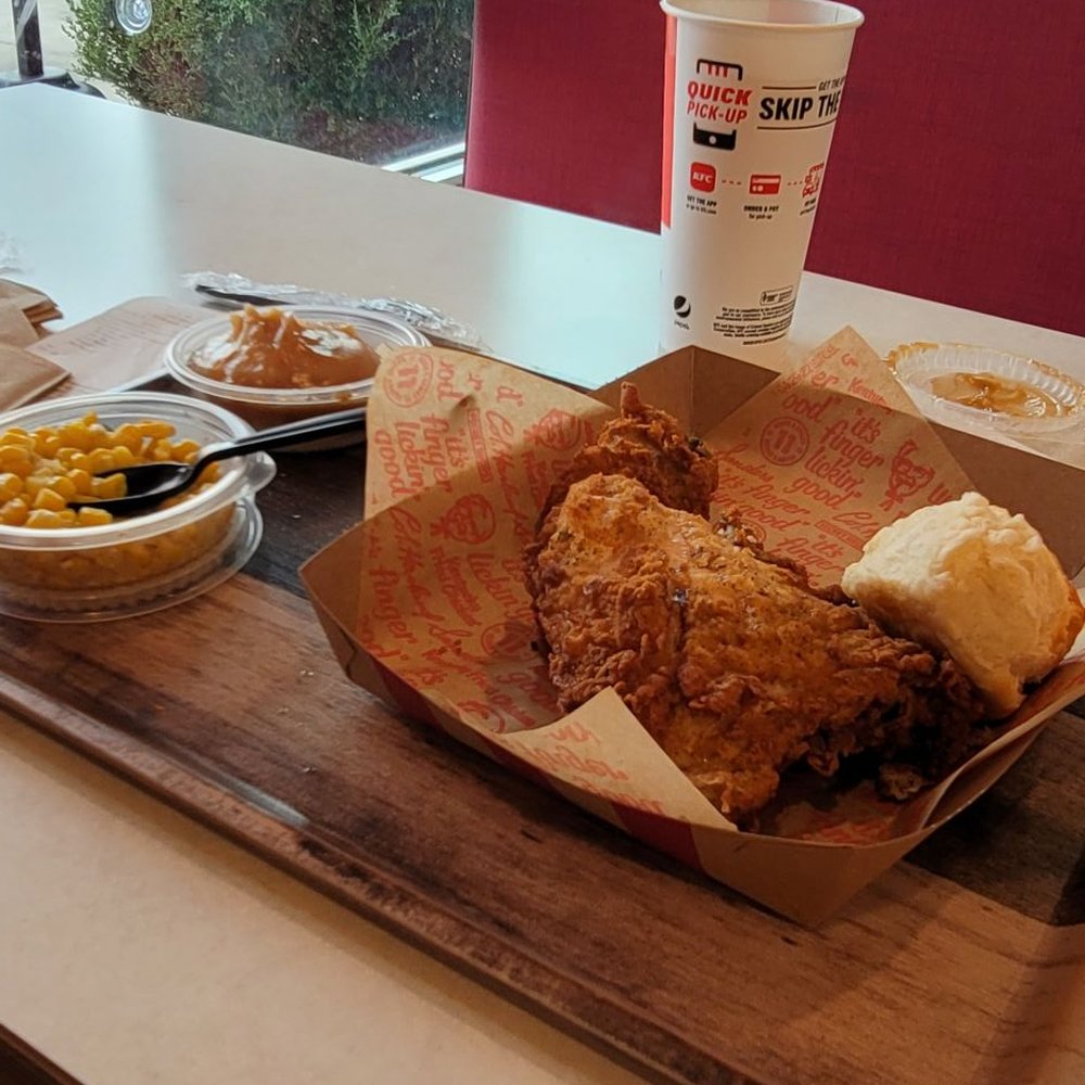 KFC - Two piece big box without the box. Leg breast substitute. sweet corn, smashed taters and gravy biscuit diet Pepsi. - Fast Food Near Me - Oak Grove, Missouri KFC - Two piece big box without the box. Leg breast substitute. sweet corn, smashed taters and gravy biscuit diet Pepsi. - Fast Food Near Me - Oak Grove, Missouri