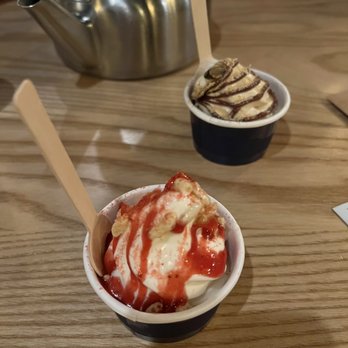 San Ho Won - Roasted chestnut soft serve ice cream (back), rice wine strawberry soft serve ice cream (front) - Korean Near Me - San Francisco, California San Ho Won - Roasted chestnut soft serve ice cream (back), rice wine strawberry soft serve ice cream (front) - Korean Near Me - San Francisco, California