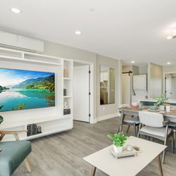 Parkside Asset Management - A modern living area with an open floor plan, featuring a wall-mounted TV displaying a scenic lake, comfy seating, and a dining space