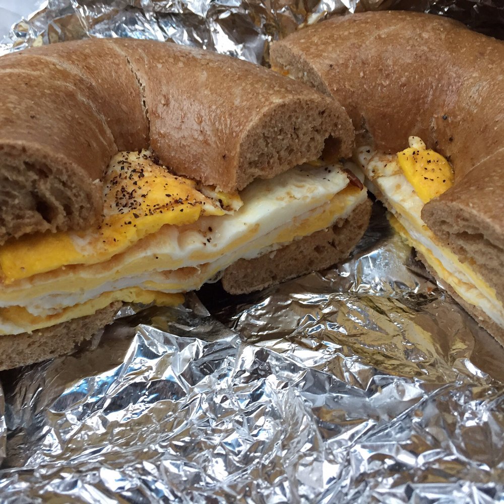 Double egg on whole wheat bagel. Larger than typical bagels, wider and flatter for great eating. Double egg on whole wheat bagel. Larger than typical bagels, wider and flatter for great eating.