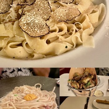 Crossroads Kitchen - Top down: Fettuccine & Truffles (GFO), Spaghetti Carbonara (gluten free option), Baby Artichokes, Impossible Cigars - Vegan Near Me - Los Angeles, California