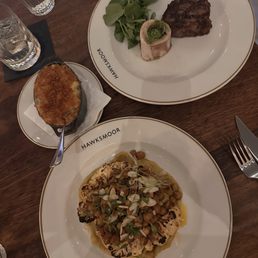 Roasted cauliflower, mac and cheese, and 8oz steak. Roasted cauliflower, mac and cheese, and 8oz steak.