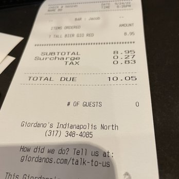 Giordano's - One 23oz  beer $10.05 with a $0.27 surcharge - Pizza Near Me - Indianapolis, Indiana
