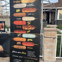 Menu of the world's most unique and delicious cheese and hot dog on a stick.