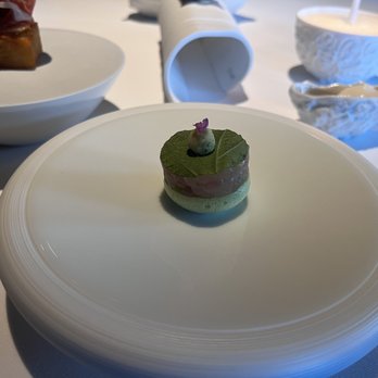 Addison - Prelude Course -Kampachi nigiri -Kumamoto oyster -Sage Hill ranch garden greens  -Chicken liver churro -Iberian ham - New American Near Me - San Diego, California