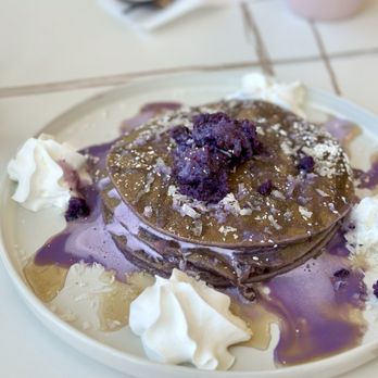 Popping Yolk Cafe - Ube Pancake Stack - Cafes Near Me - Brea, California Popping Yolk Cafe - Ube Pancake Stack - Cafes Near Me - Brea, California