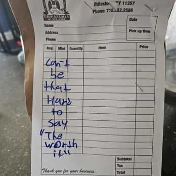 Utopia Bagels - Order receipt shaming - Bakeries Near Me - Whitestone, New York