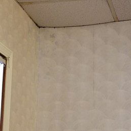 Black mold, water damaged ceiling tiles, peeling wallpaper, falling apart restroom, only fire exit blocked. Black mold, water damaged ceiling tiles, peeling wallpaper, falling apart restroom, only fire exit blocked.