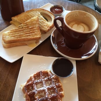 Greenhorn Cafe - Vanilla latte, grilled cheese panini, Belgian waffle. Not in pic but highly recommended: truffle Mac and cheese - Cafes Near Me - Vancouver, British Columbia