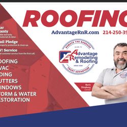 Advantage Remodeling and Roofing - Advantage Remodeling & Roofing contractor advertisement featuring roofing, siding, gutters, windows, and storm restoration services in Texas
