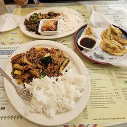 Gyoza, Spicy Pork, and rice Gyoza, Spicy Pork, and rice
