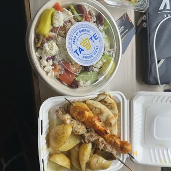 Taste Greek Grill - Skewers with lemon potatoes and salad - Greek Near Me - Westbury, New York Taste Greek Grill - Skewers with lemon potatoes and salad - Greek Near Me - Westbury, New York