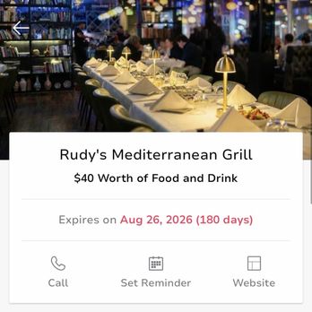 Rudy's Mediterranean Grill - The advertisement Groupon deal - Mediterranean Near Me - Columbia, Maryland Rudy's Mediterranean Grill - The advertisement Groupon deal - Mediterranean Near Me - Columbia, Maryland