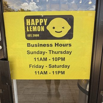 Happy Lemon - Door sign with hours - Bubble Tea Near Me - Plano, Texas