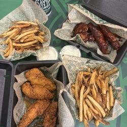 Wingstop - Louisiana Rub Tenders on the Left Hickory BBQ tenders on the right