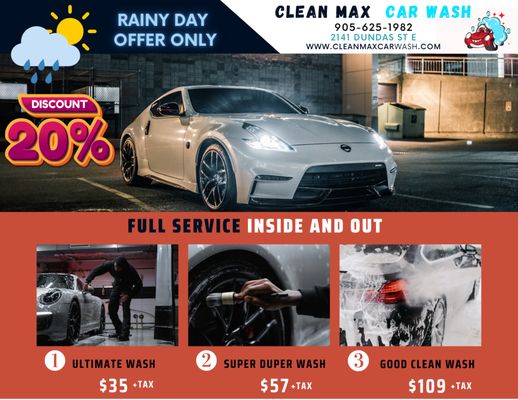 20% OFF on Rainy Day - Rainy Day Special: Splash 20% Savings on Car Wash! 🚗☔
Don't let the rain get you down – we're here to brighten up your day with our Rainy Day Discount Car Wash! 🌧️🌟 Bring in your ride to enjoy a spotless clean and a fantastic discount that's as refreshing as the raindrops.
🔸 Rainy Day Discount: Receive 25% off any car wash package when you bring your vehicle in on a rainy day. We're here to wash away those rainy day blues with incredible savings!
🔸 All-Weather Shine: Our skilled team will pamper your car, ensuring it shines like the sun even on a cloudy day. From exterior beauty to interior freshness, we've got you covered rain or shine.
🔸 Warm Welcome: Step out of the rain and into our cozy waiting area, where you can enjoy complimentary refreshments while we work our magic on your car.
🔸 Limited Time Offer: This Rainy Day Discount won't last forever! Don't miss out on the chance to get your car gleaming while saving big.
Brighten up your day with a Rainy Day Discount Car Wash that leaves your car looking fantastic – raindrops can't dampen this deal! ☔🚗💧
For More details contact us:
905-625-1982
zeecarmax@gmail.com
2141 Dundas St E, Mississauga
Let's make rainy days shine with savings and a sparkling clean car! 🌟🌧️ #RainyDayShine #CarWashDiscount #GleamInAnyWeather
#CarWash #CleanCar #AutoDetailing #ShinyRide
#CarCare #WashAndGlow
#DetailingLife #CarDetailing
#SparklingCar #GleamingAuto
#WashTime #CarCleaning
#WaxOnWaxOff #ShowroomShine
#DetailersOfInstagram #CarLovers
#CleanMachine #CarDetailers
#WashWednesday #DetailingWorld
#Mississauga #toronto #etobicoke #website #onlinebuy #carwash #dundas #mississauga #discount 20% OFF on Rainy Day - Rainy Day Special: Splash 20% Savings on Car Wash! 🚗☔
Don't let the rain get you down – we're here to brighten up your day with our Rainy Day Discount Car Wash! 🌧️🌟 Bring in your ride to enjoy a spotless clean and a fantastic discount that's as refreshing as the raindrops.
🔸 Rainy Day Discount: Receive 25% off any car wash package when you bring your vehicle in on a rainy day. We're here to wash away those rainy day blues with incredible savings!
🔸 All-Weather Shine: Our skilled team will pamper your car, ensuring it shines like the sun even on a cloudy day. From exterior beauty to interior freshness, we've got you covered rain or shine.
🔸 Warm Welcome: Step out of the rain and into our cozy waiting area, where you can enjoy complimentary refreshments while we work our magic on your car.
🔸 Limited Time Offer: This Rainy Day Discount won't last forever! Don't miss out on the chance to get your car gleaming while saving big.
Brighten up your day with a Rainy Day Discount Car Wash that leaves your car looking fantastic – raindrops can't dampen this deal! ☔🚗💧
For More details contact us:
905-625-1982
zeecarmax@gmail.com
2141 Dundas St E, Mississauga
Let's make rainy days shine with savings and a sparkling clean car! 🌟🌧️ #RainyDayShine #CarWashDiscount #GleamInAnyWeather
#CarWash #CleanCar #AutoDetailing #ShinyRide
#CarCare #WashAndGlow
#DetailingLife #CarDetailing
#SparklingCar #GleamingAuto
#WashTime #CarCleaning
#WaxOnWaxOff #ShowroomShine
#DetailersOfInstagram #CarLovers
#CleanMachine #CarDetailers
#WashWednesday #DetailingWorld
#Mississauga #toronto #etobicoke #website #onlinebuy #carwash #dundas #mississauga #discount