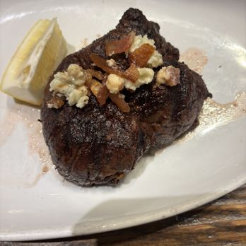 Rio Chama Prime Steakhouse - Filet Mignon (with some stolen blue cheese and bacon crumbles from my husband's steak) - Steakhouses Near Me - Santa Fe, New Mexico Rio Chama Prime Steakhouse - Filet Mignon (with some stolen blue cheese and bacon crumbles from my husband's steak) - Steakhouses Near Me - Santa Fe, New Mexico