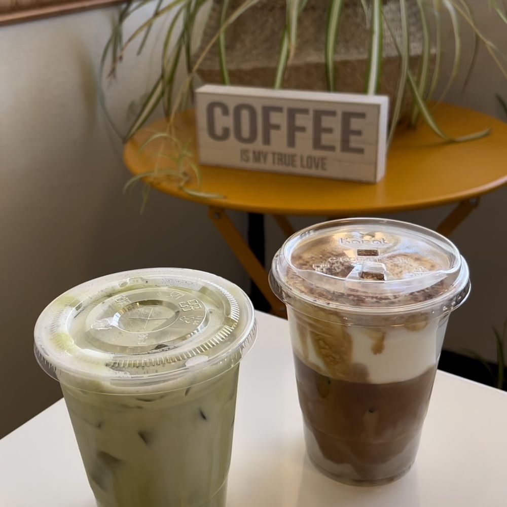 Flat White Coffee - Strawberry Matcha (left) and an Einspanner (right) - Cafes Near Me - Cypress, California Flat White Coffee - Strawberry Matcha (left) and an Einspanner (right) - Cafes Near Me - Cypress, California
