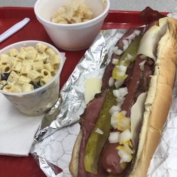 Sinbad's Hot Dogs - Pastrami Dog with a side of Kraut and a Side of Mac Salad. - Hot Dogs Near Me - Sparks, Nevada Sinbad's Hot Dogs - Pastrami Dog with a side of Kraut and a Side of Mac Salad. - Hot Dogs Near Me - Sparks, Nevada