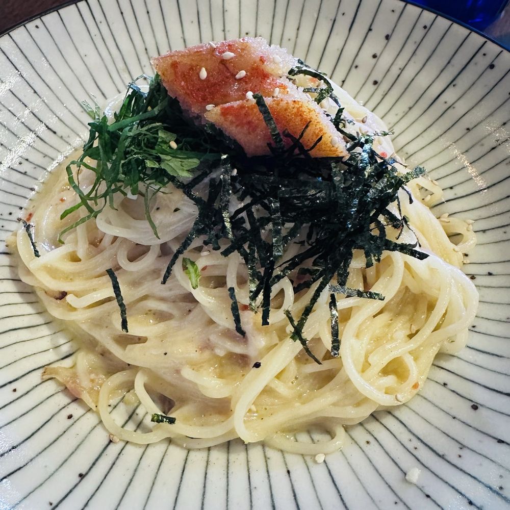 Wasuta Pasta - Starts with "M" carbonara. Fish eggs on top - Japanese Near Me - Richmond, British Columbia Wasuta Pasta - Starts with "M" carbonara. Fish eggs on top - Japanese Near Me - Richmond, British Columbia
