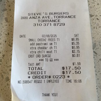 Steve's CharBurger - My receipt - Burgers Near Me - Torrance, California