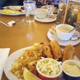 Fish & chips with hash browns (sub), Ivar's clam chowder & Mom's chicken fried steak breakfast meal Fish & chips with hash browns (sub), Ivar's clam chowder & Mom's chicken fried steak breakfast meal