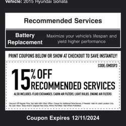 Grease Monkey - 15% off recommended services, with the recommended service above stating "battery replacement."