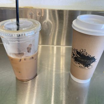Bean Here Coffee - Peppermint mocha on the left and Ube-wan-chi-nobi on the right. - Coffee Roasteries Near Me - Missouri City, Texas