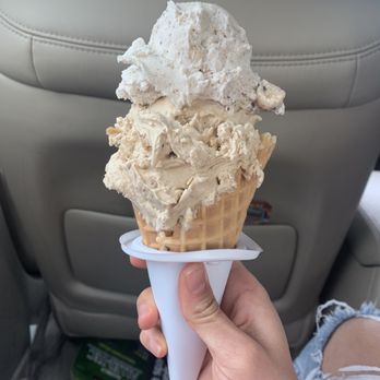 Bruster's Real Ice Cream - regular Crunchy Waffle Cones- cookie dough on top, caramel cheesecake on the bottom - Ice Cream & Frozen Yogurt Near Me - Gaithersburg, Maryland Bruster's Real Ice Cream - regular Crunchy Waffle Cones- cookie dough on top, caramel cheesecake on the bottom - Ice Cream & Frozen Yogurt Near Me - Gaithersburg, Maryland