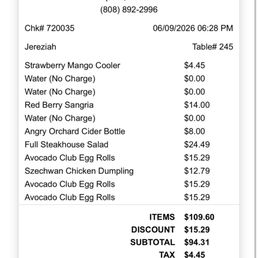 Final receipt. Including the full price sangria that should've been discounted.