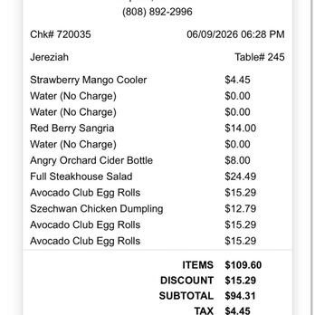 California Pizza Kitchen - Final receipt. Including the full price sangria that should've been discounted. - Pizza Near Me - Kapolei, Hawaii