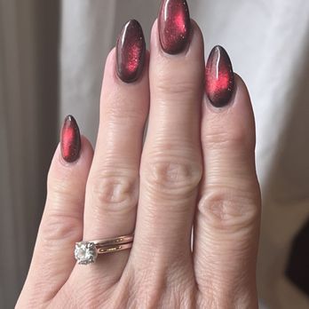 Excel Hair & Nails - Nails by Danny: black powder base with cat eye and red gel over the top. Love!!! - Hair Salons Near Me - Aliso Viejo, California Excel Hair & Nails - Nails by Danny: black powder base with cat eye and red gel over the top. Love!!! - Hair Salons Near Me - Aliso Viejo, California