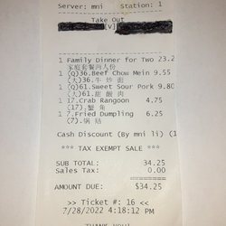Peking Restaurant - The check with Beef Chow Mein ordered.