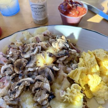 Otis Cafe - German potatoes with added ham and mushrooms, two scrambled eggs. - Breakfast & Brunch Near Me - Lincoln City, Oregon Otis Cafe - German potatoes with added ham and mushrooms, two scrambled eggs. - Breakfast & Brunch Near Me - Lincoln City, Oregon