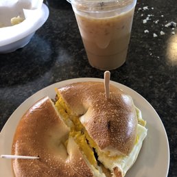 Breakfast sandwich and iced latte Breakfast sandwich and iced latte