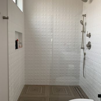Build by Bogdan - A closer view of the enlarged shower area with Moen shower system in brushed nickel - General Contractors Near Me - Alamo, California
