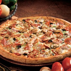 Papa Johns Pizza - The WORKS is topped with pepperoni, canadian bacon, spicy italian sausage, onions, green peppers, mushrooms and black olives.