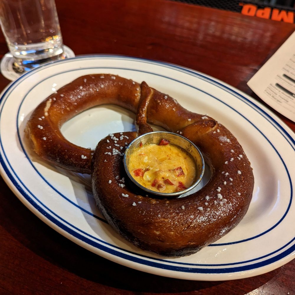 Discovery Bar - Pretzel with pimento cheese dip - American Near Me - Chico, California Discovery Bar - Pretzel with pimento cheese dip - American Near Me - Chico, California