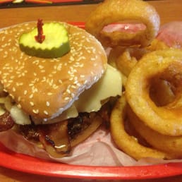 Bacon Swiss Burger with onion rings Bacon Swiss Burger with onion rings