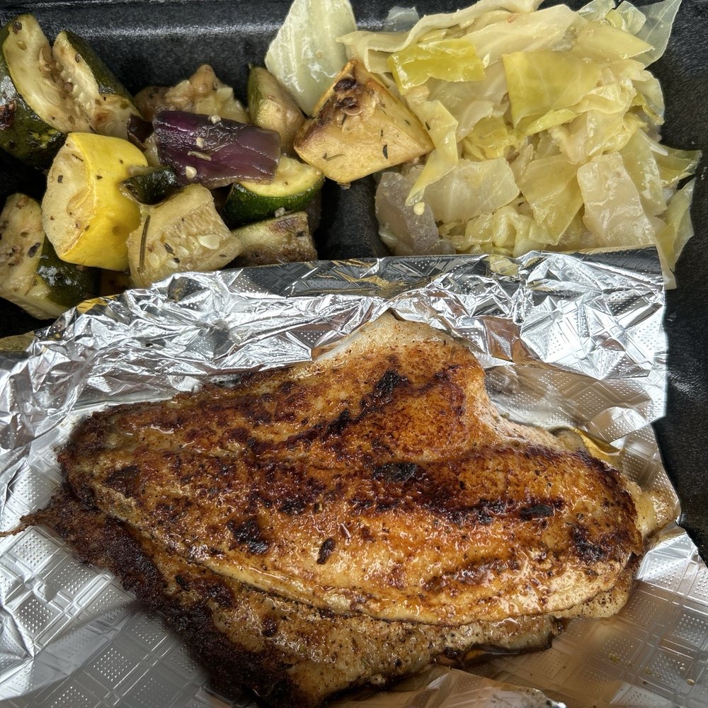 Who's Got Soul Southern Grill Duluth - Blackened catfish, grilled vegetables, steamed cabbage - Soul Food Near Me - Duluth, Georgia Who's Got Soul Southern Grill Duluth - Blackened catfish, grilled vegetables, steamed cabbage - Soul Food Near Me - Duluth, Georgia
