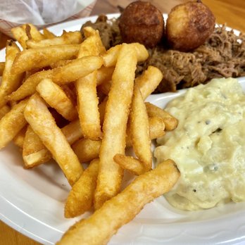 Currituck BBQ - Fries. Potato salad, Hushpuppies, and Beef Brisket - Barbeque Near Me - Barco, North Carolina