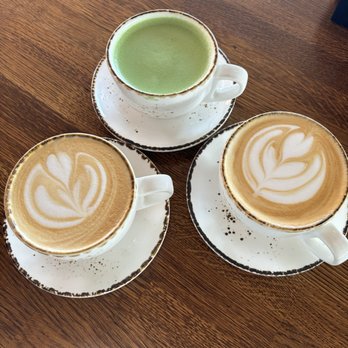 Madres Brunch - Dulce de leche latte (left) white mocha latte (right) and matcha latte - Breakfast & Brunch Near Me - Bellflower, California Madres Brunch - Dulce de leche latte (left) white mocha latte (right) and matcha latte - Breakfast & Brunch Near Me - Bellflower, California